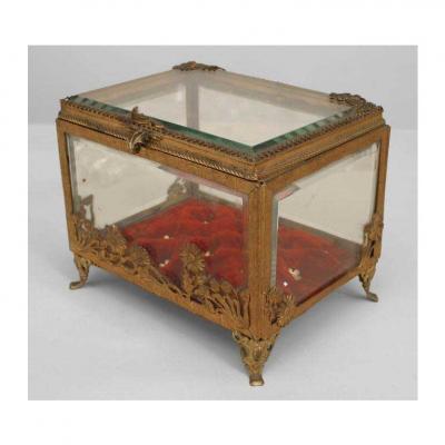 French Victorian glass box with brass applied floral trim
