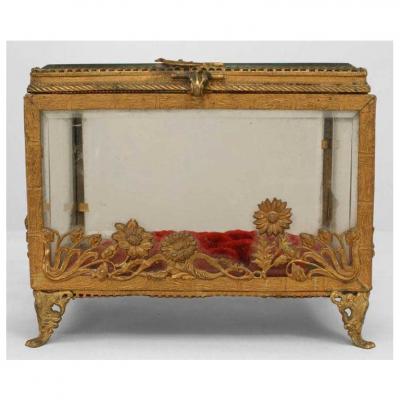 French Victorian glass box with brass applied floral trim
