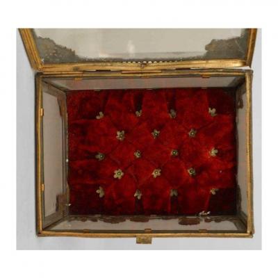 French Victorian glass box with brass applied floral trim