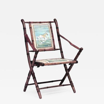 French Victorian oak faux bamboo campaign design folding arm chair