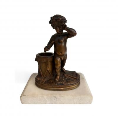 French Victorian small bronze cupid standing next to a drum