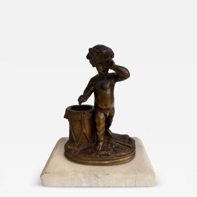 French Victorian small bronze cupid standing next to a drum