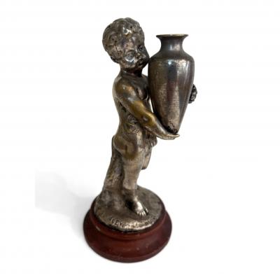 French Victorian small silver plate bronze cupid hold urn by L KLEY