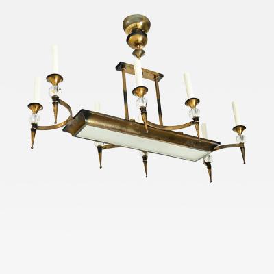 French Vintage Brass Glass Linear Chandelier