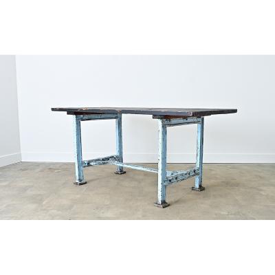 French Vintage Cast Iron Wood Top Work Table