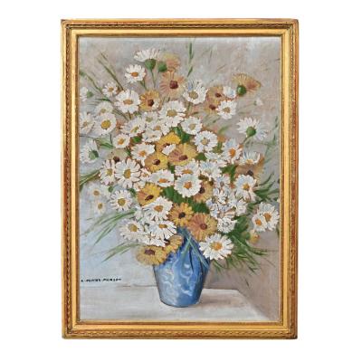 French Vintage Framed Oil Painting of Daisies