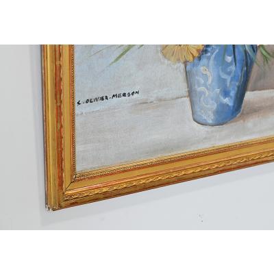 French Vintage Framed Oil Painting of Daisies