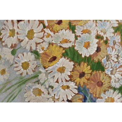 French Vintage Framed Oil Painting of Daisies
