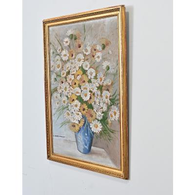 French Vintage Framed Oil Painting of Daisies