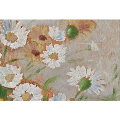 French Vintage Framed Oil Painting of Daisies