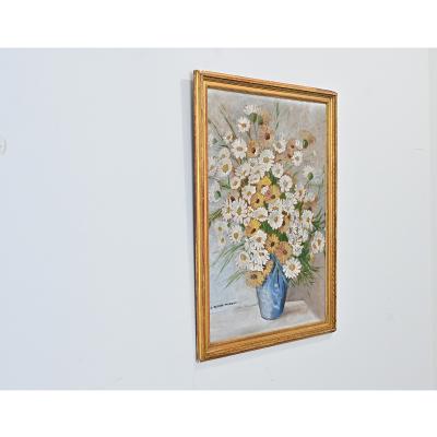 French Vintage Framed Oil Painting of Daisies