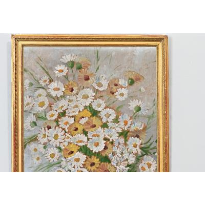 French Vintage Framed Oil Painting of Daisies