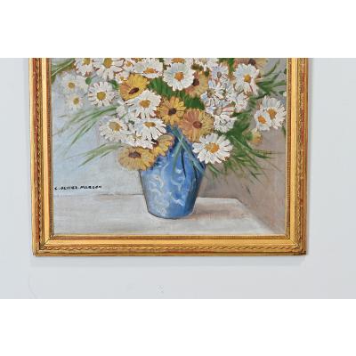 French Vintage Framed Oil Painting of Daisies