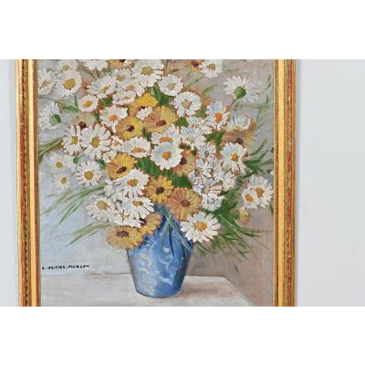 French Vintage Framed Oil Painting of Daisies