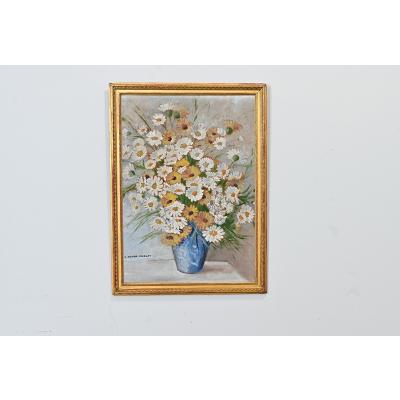 French Vintage Framed Oil Painting of Daisies