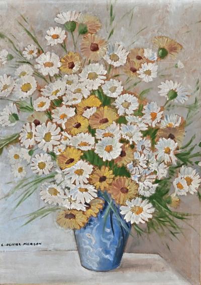 French Vintage Framed Oil Painting of Daisies
