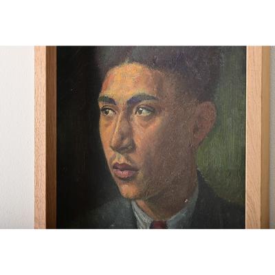 French Vintage Framed Oil Portrait of Young Man