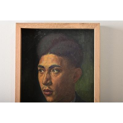French Vintage Framed Oil Portrait of Young Man