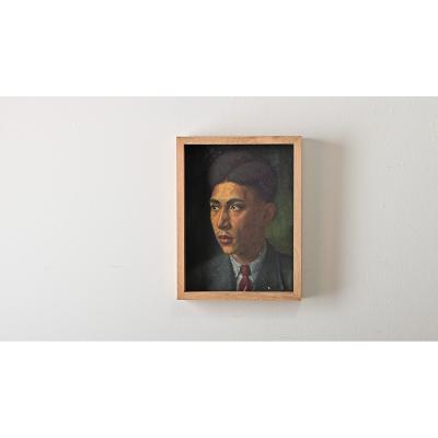 French Vintage Framed Oil Portrait of Young Man