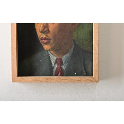 French Vintage Framed Oil Portrait of Young Man