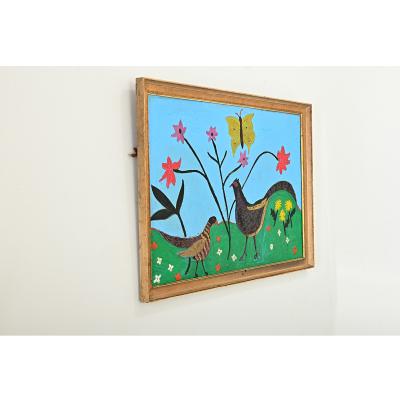 French Vintage Framed Painting of Pheasants