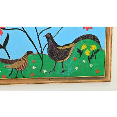 French Vintage Framed Painting of Pheasants
