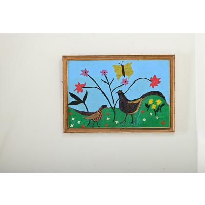 French Vintage Framed Painting of Pheasants