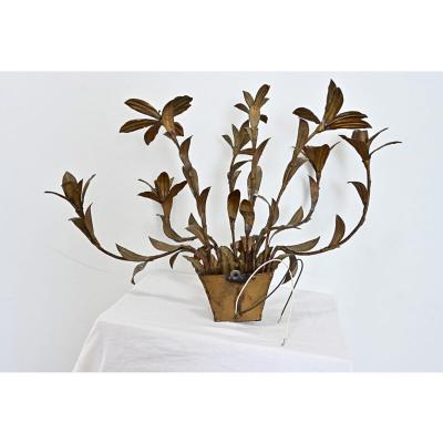 French Vintage Gilded Metal Basket of Flowers Wall Sconce