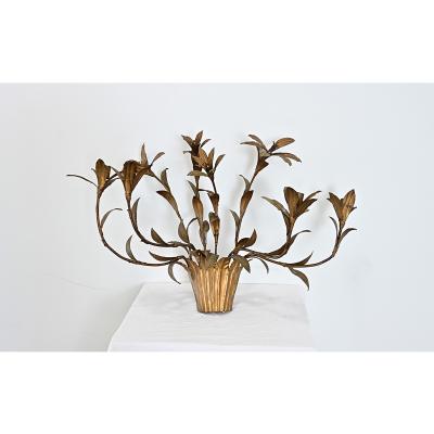 French Vintage Gilded Metal Basket of Flowers Wall Sconce