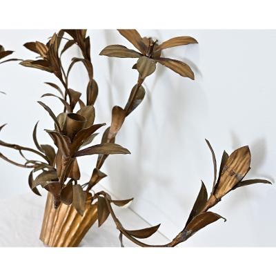 French Vintage Gilded Metal Basket of Flowers Wall Sconce
