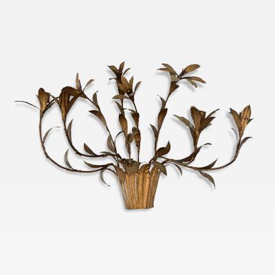 French Vintage Gilded Metal Basket of Flowers Wall Sconce