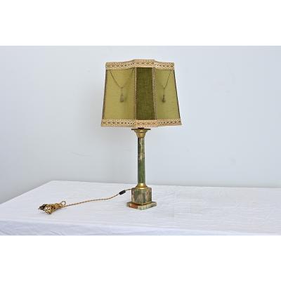 French Vintage Green Onyx Table Lamp with Custom Shade