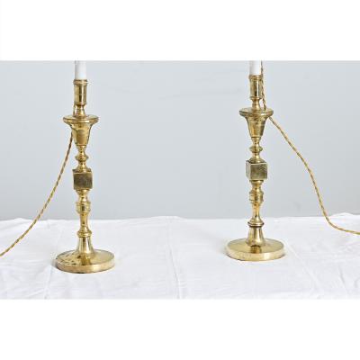 French Vintage Pair of Brass Candlestick Lamps