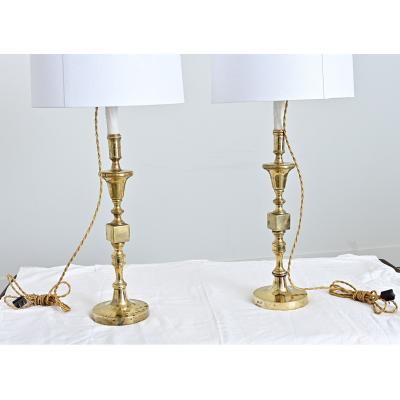 French Vintage Pair of Brass Candlestick Lamps