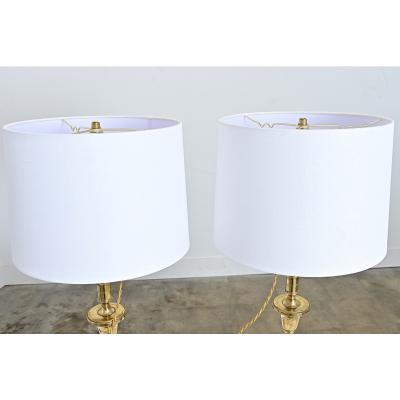 French Vintage Pair of Brass Candlestick Lamps
