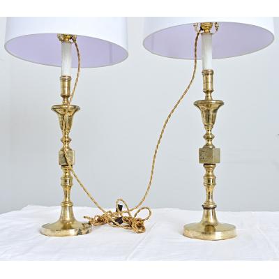 French Vintage Pair of Brass Candlestick Lamps