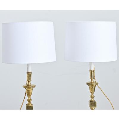 French Vintage Pair of Brass Candlestick Lamps