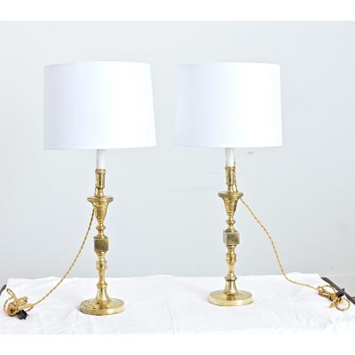French Vintage Pair of Brass Candlestick Lamps