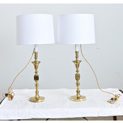 French Vintage Pair of Brass Candlestick Lamps