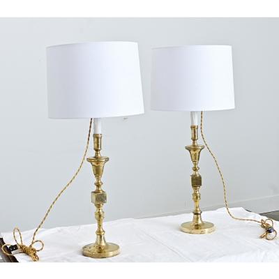 French Vintage Pair of Brass Candlestick Lamps