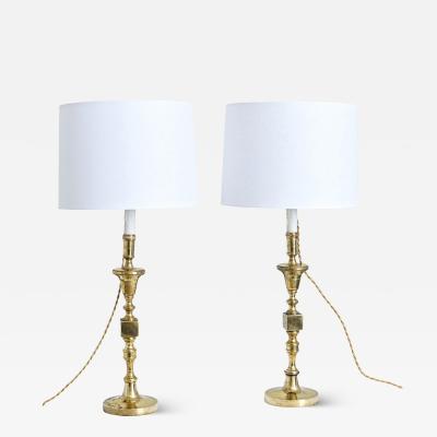 French Vintage Pair of Brass Candlestick Lamps