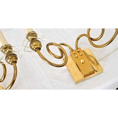 French Vintage Pair of Brass Glass Sconces