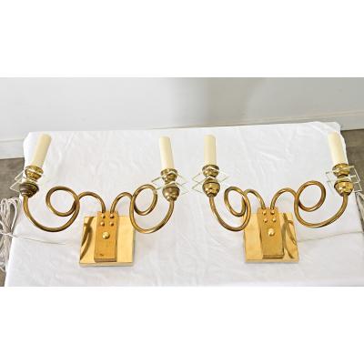 French Vintage Pair of Brass Glass Sconces