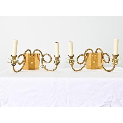 French Vintage Pair of Brass Glass Sconces