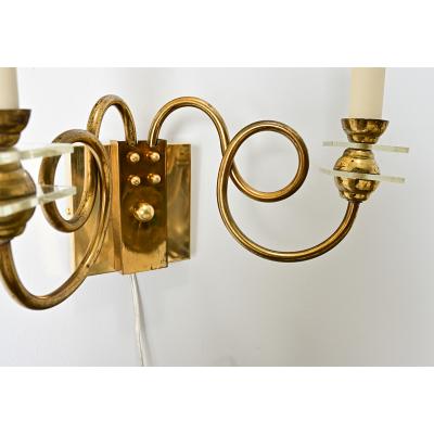French Vintage Pair of Brass Glass Sconces