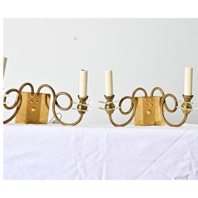 French Vintage Pair of Brass Glass Sconces