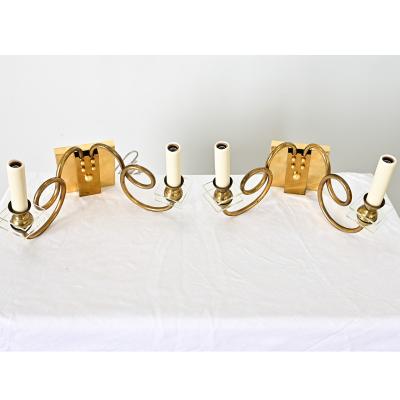 French Vintage Pair of Brass Glass Sconces