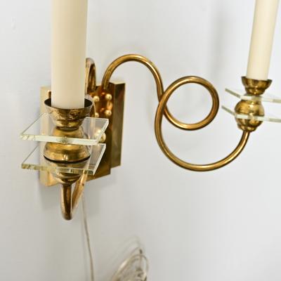 French Vintage Pair of Brass Glass Sconces