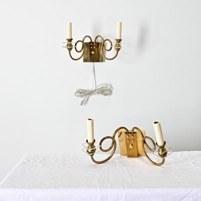 French Vintage Pair of Brass Glass Sconces