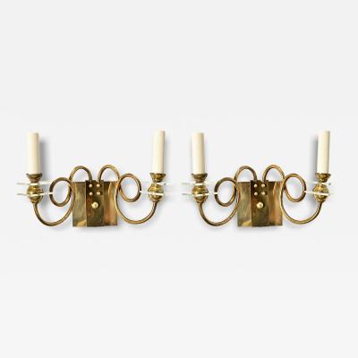 French Vintage Pair of Brass Glass Sconces
